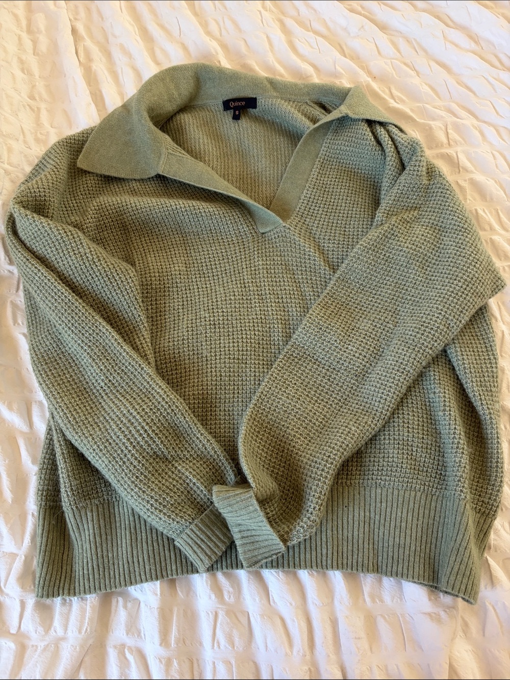 Quince Light Sage Green Waffle Knit Polo Sweater